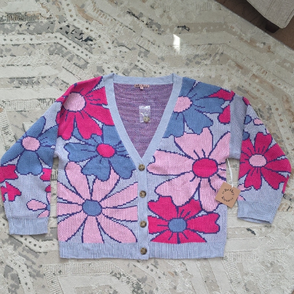 Floral Knit Cardigan Sweater - Pink and Blue